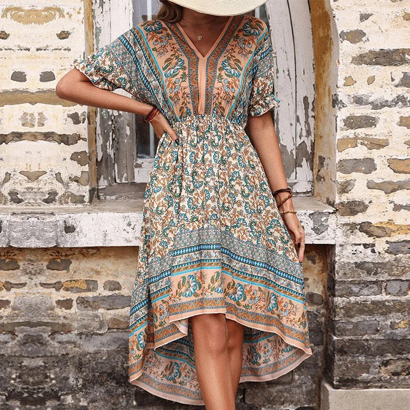 WOMEN BOHO FASHION SUMMER A-LINE V-NECK CASUAL DRESS