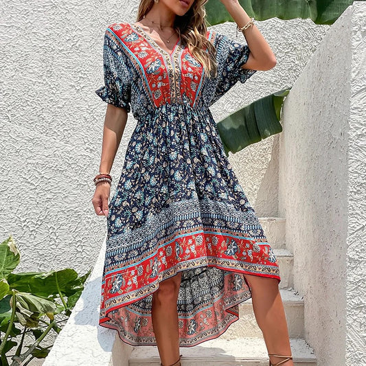 WOMEN BOHO FASHION SUMMER A-LINE V-NECK CASUAL DRESS