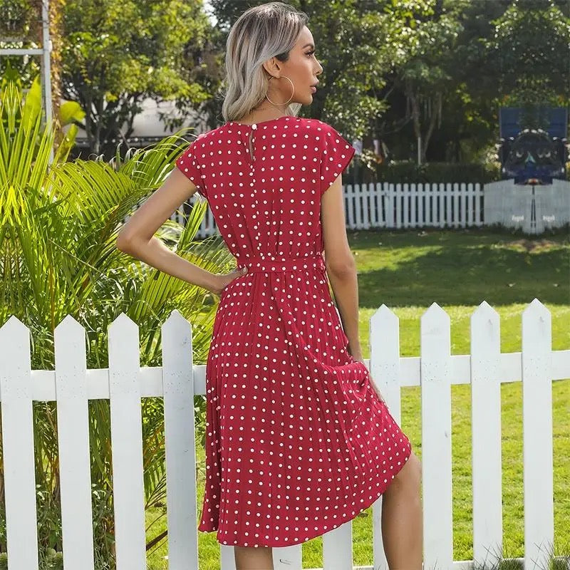 WOMEN SUMMER CHIFFON PLEATED POLKA DOT CASUAL DRESSES