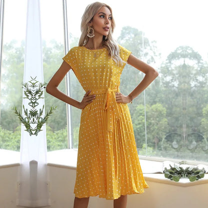 WOMEN SUMMER CHIFFON PLEATED POLKA DOT CASUAL DRESSES