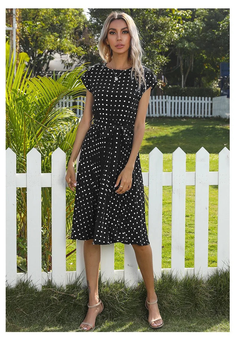 WOMEN SUMMER CHIFFON PLEATED POLKA DOT CASUAL DRESSES