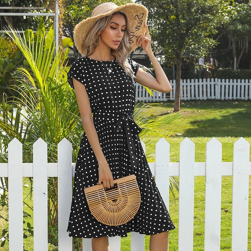 WOMEN SUMMER CHIFFON PLEATED POLKA DOT CASUAL DRESSES