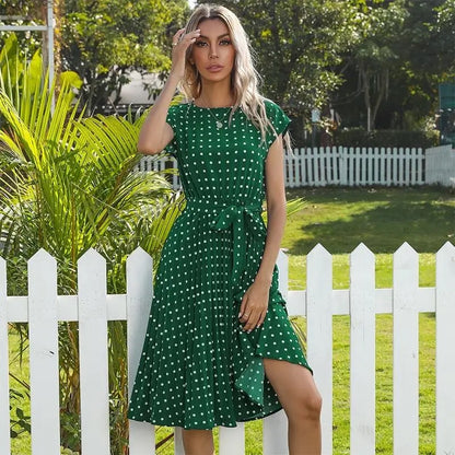 WOMEN SUMMER CHIFFON PLEATED POLKA DOT CASUAL DRESSES