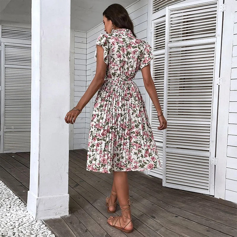 WOMEN SUMMER FLORAL DRESSES PLEATED WITH BELT