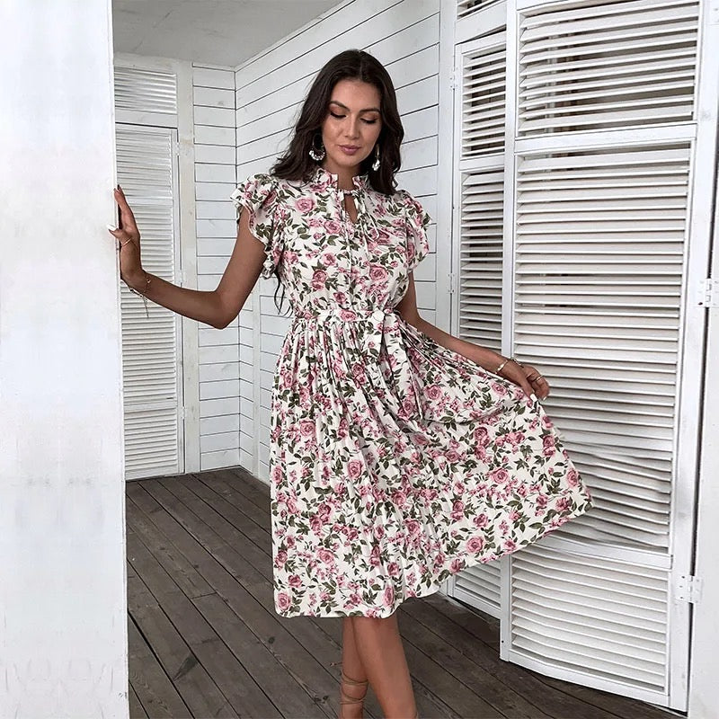 WOMEN SUMMER FLORAL DRESSES PLEATED WITH BELT