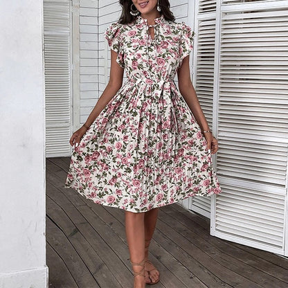 WOMEN SUMMER FLORAL DRESSES PLEATED WITH BELT