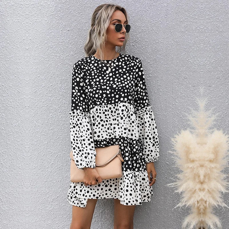 LADIES LONG SLEEVE BLACK WHITE PATCHWORK CASUAL MIDI POLKA DOT DRESS