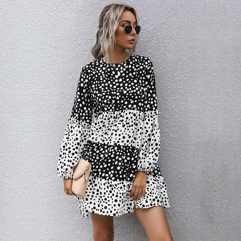 LADIES LONG SLEEVE BLACK WHITE PATCHWORK CASUAL MIDI POLKA DOT DRESS