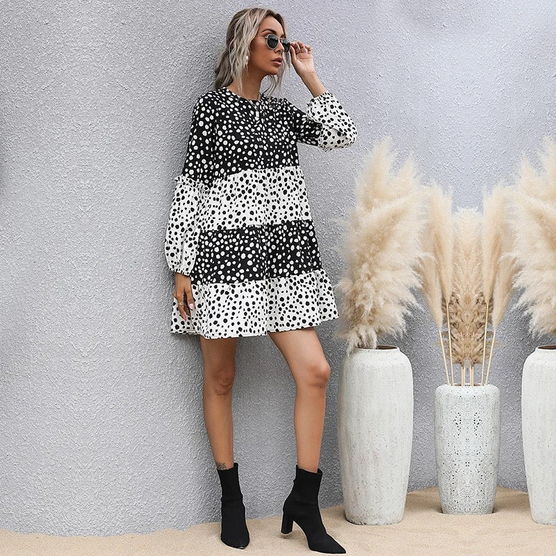 LADIES LONG SLEEVE BLACK WHITE PATCHWORK CASUAL MIDI POLKA DOT DRESS