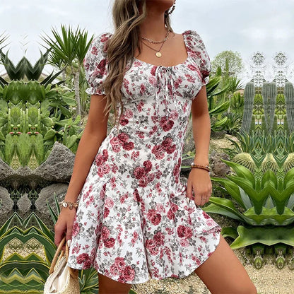 SUMMER RUFFLE PUFF SLEEVE MIDI WOMEN DRESSES