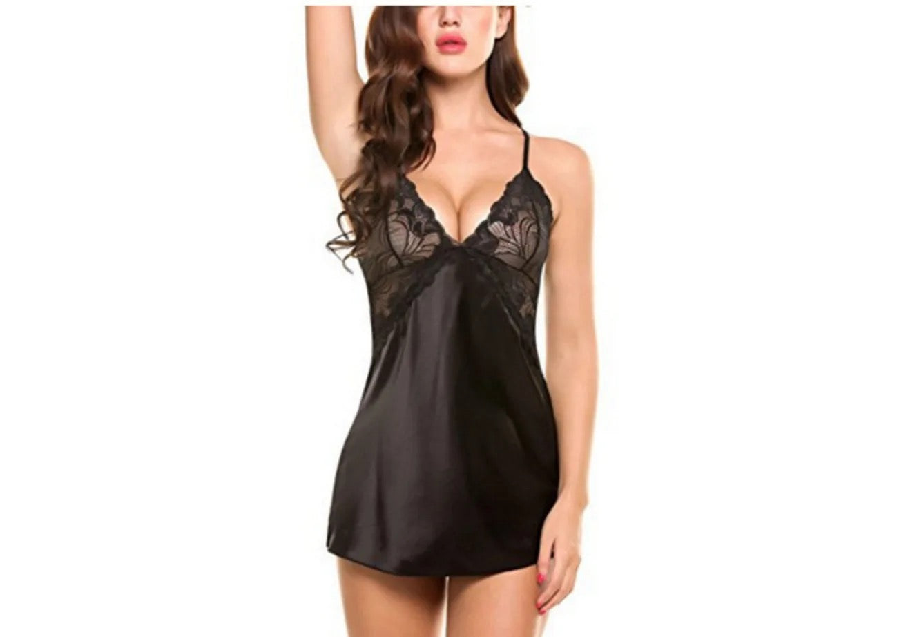 TWO PIECES (2 PCs) SEXY SLEEPWEAR CAMI DRESS DEEP V NECK