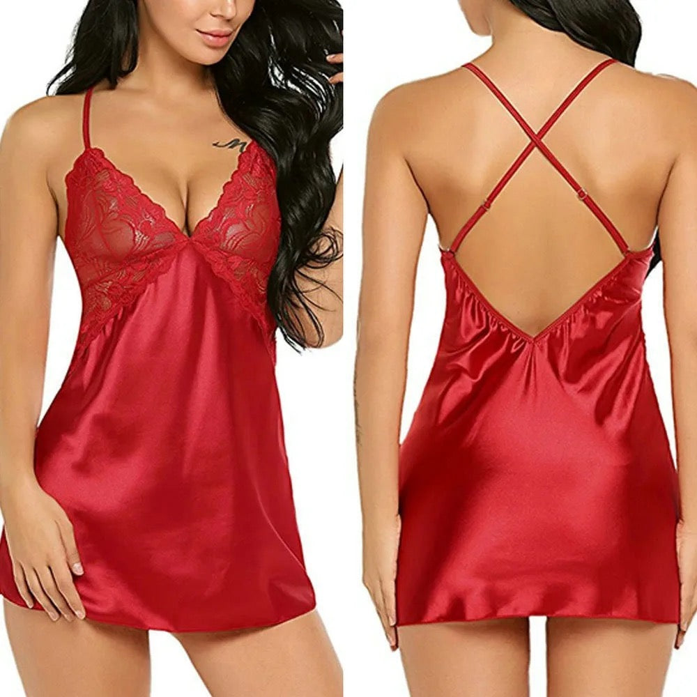 TWO PIECES (2 PCs) SEXY SLEEPWEAR CAMI DRESS DEEP V NECK