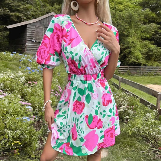 WAIST A-LINE SHORT SLEEVE SWEET FLORAL WOMEN SUMMER DRESSES