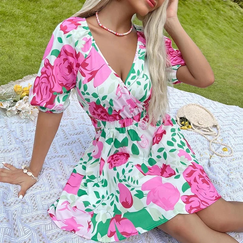 WAIST A-LINE SHORT SLEEVE SWEET FLORAL WOMEN SUMMER DRESSES