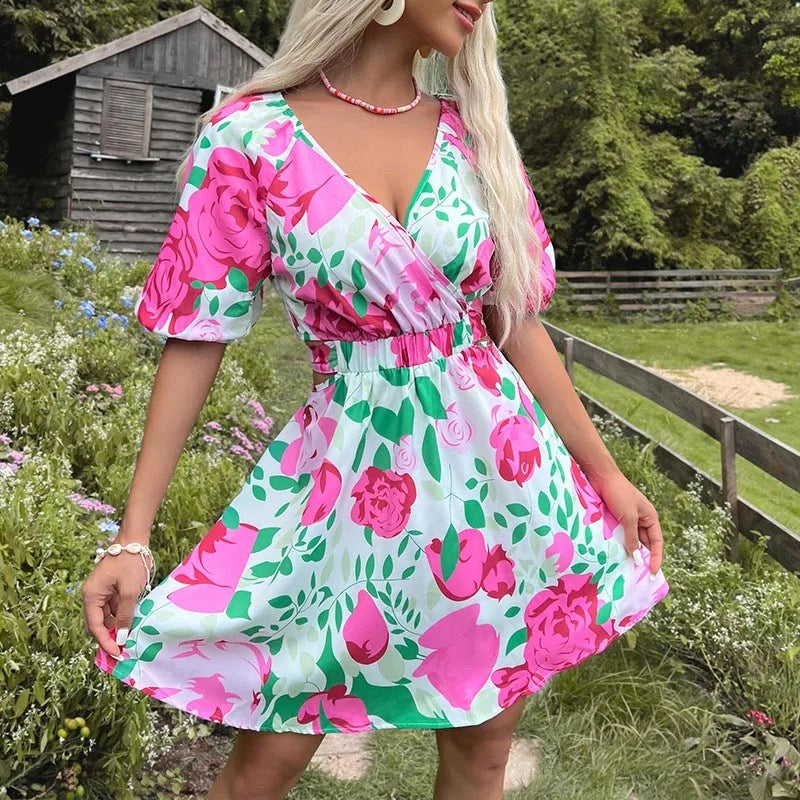 WAIST A-LINE SHORT SLEEVE SWEET FLORAL WOMEN SUMMER DRESSES