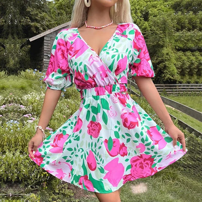 WAIST A-LINE SHORT SLEEVE SWEET FLORAL WOMEN SUMMER DRESSES