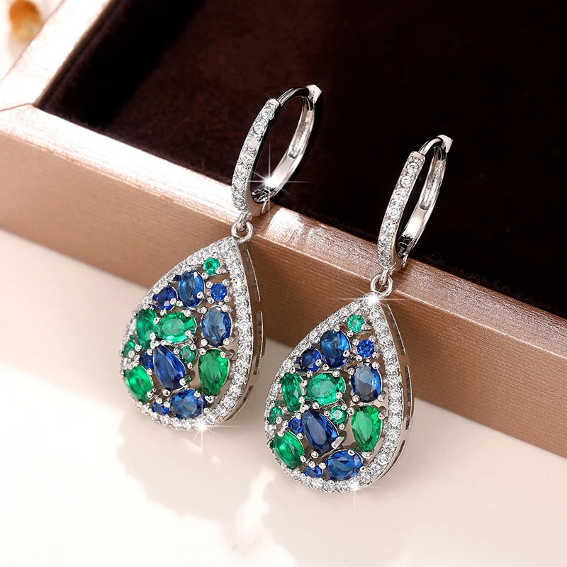 Vintage Women Drop Earrings with Blue/Green Cubic Zirconia