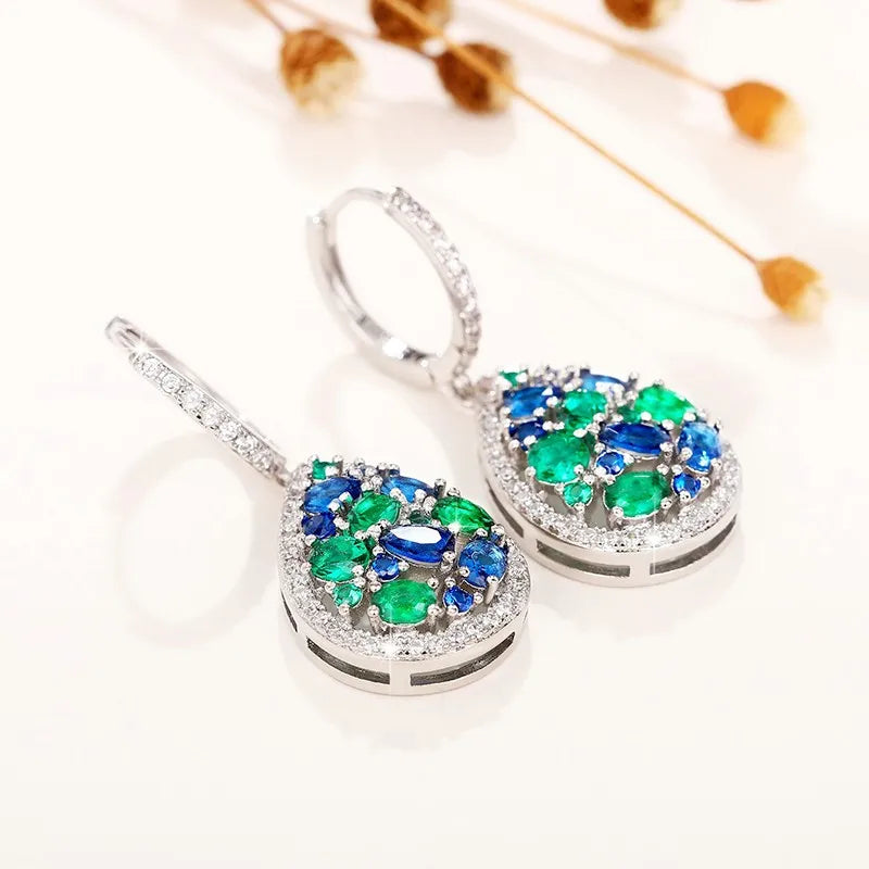 Vintage Women Drop Earrings with Blue/Green Cubic Zirconia