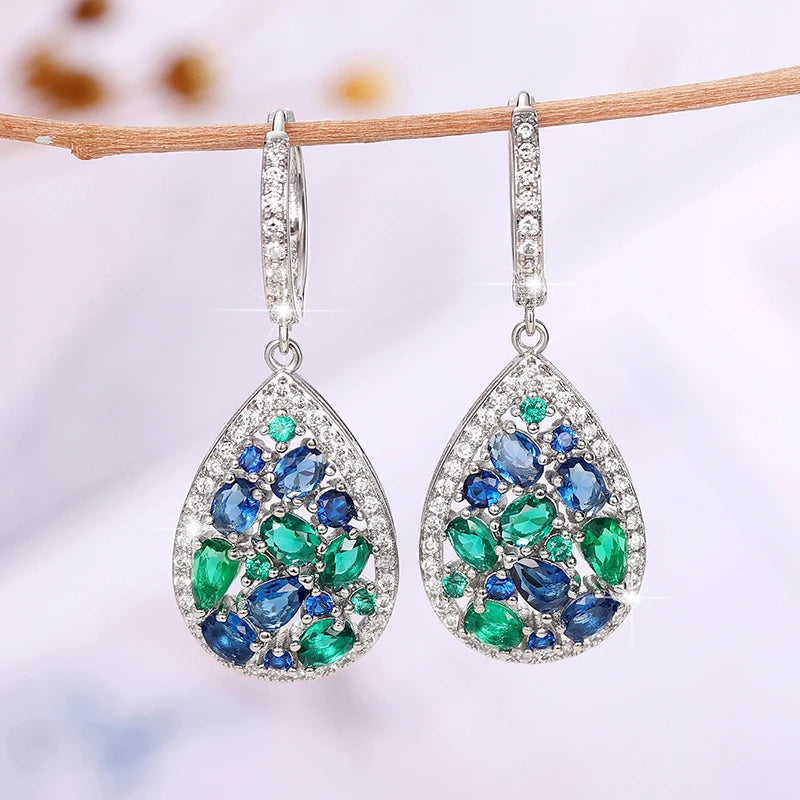 Vintage Women Drop Earrings with Blue/Green Cubic Zirconia