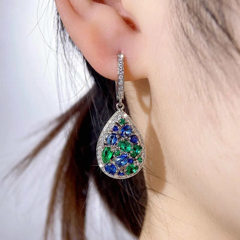 Vintage Women Drop Earrings with Blue/Green Cubic Zirconia