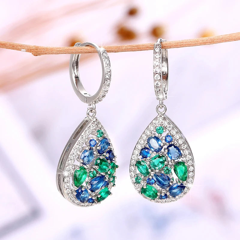 Vintage Women Drop Earrings with Blue/Green Cubic Zirconia