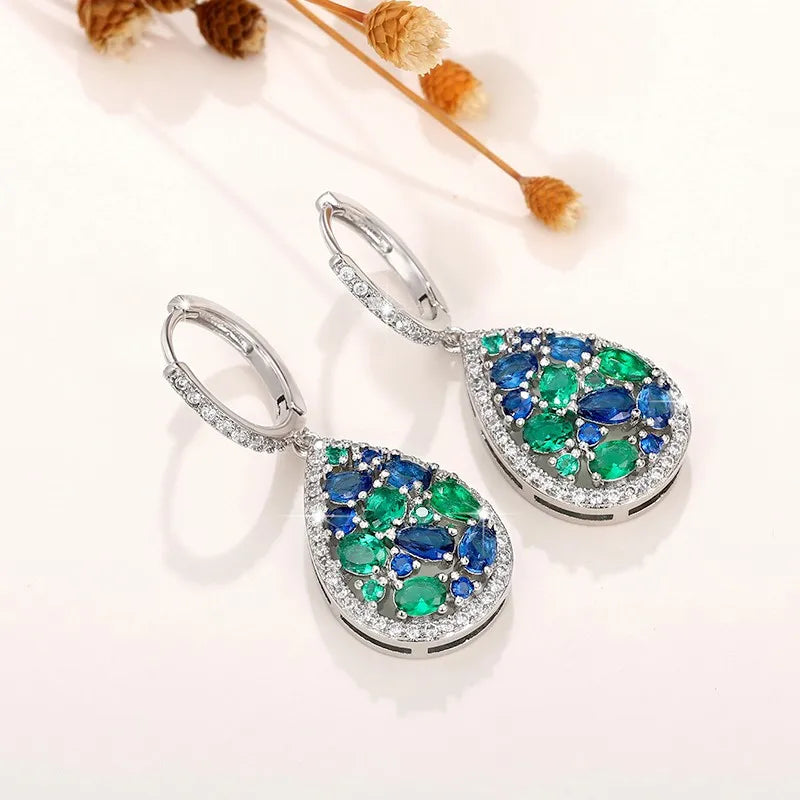 Vintage Women Drop Earrings with Blue/Green Cubic Zirconia