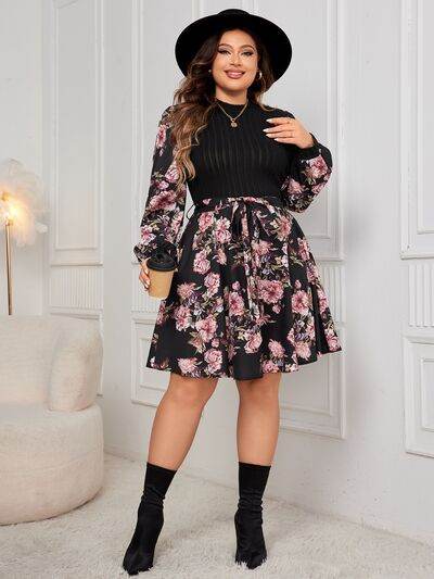 Honey Plus Size Tied Printed Long Sleeve Dress - KADAUT