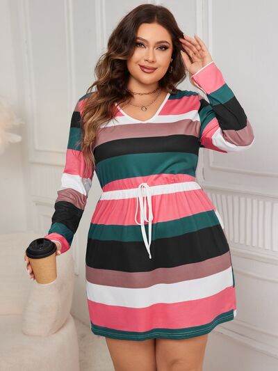 Honey Plus Size Striped V-Neck Long Sleeve Mini Dress - KADAUT