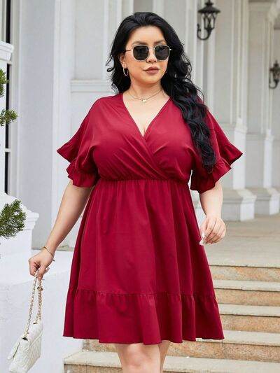 Plus Size Ruched Surplice Flounce Sleeve Mini Dress - KADAUT