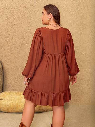 Plus Size Embroidered Tie Neck Balloon Sleeve Mini Dress - KADAUT