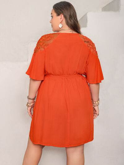 Plus Size Lace Button Up Half Sleeve Dress - KADAUT