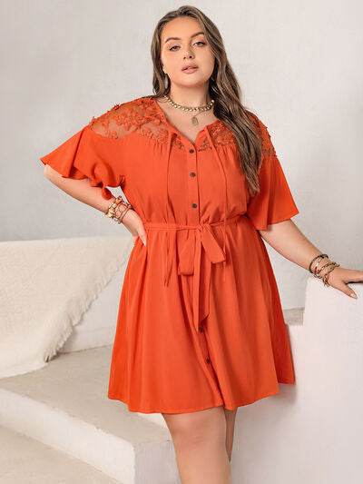 Plus Size Lace Button Up Half Sleeve Dress - KADAUT