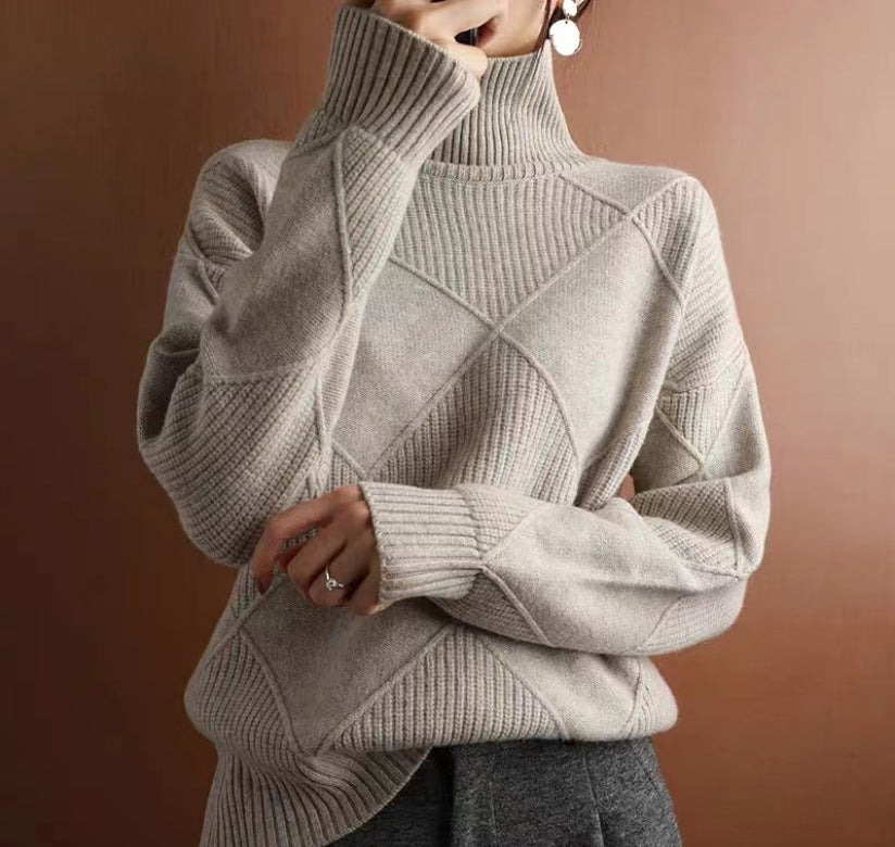 Women's Turtleneck Three-dimensional Rhombus Sweater