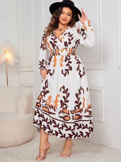 Honey Plus Size Printed Surplice Flounce Sleeve Dress - KADAUT