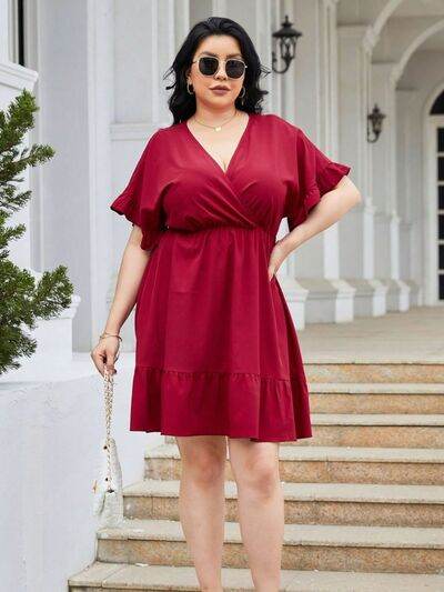 Plus Size Ruched Surplice Flounce Sleeve Mini Dress - KADAUT