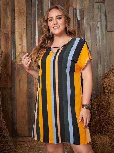 Plus Size Striped Short Sleeve Mini Dress - KADAUT