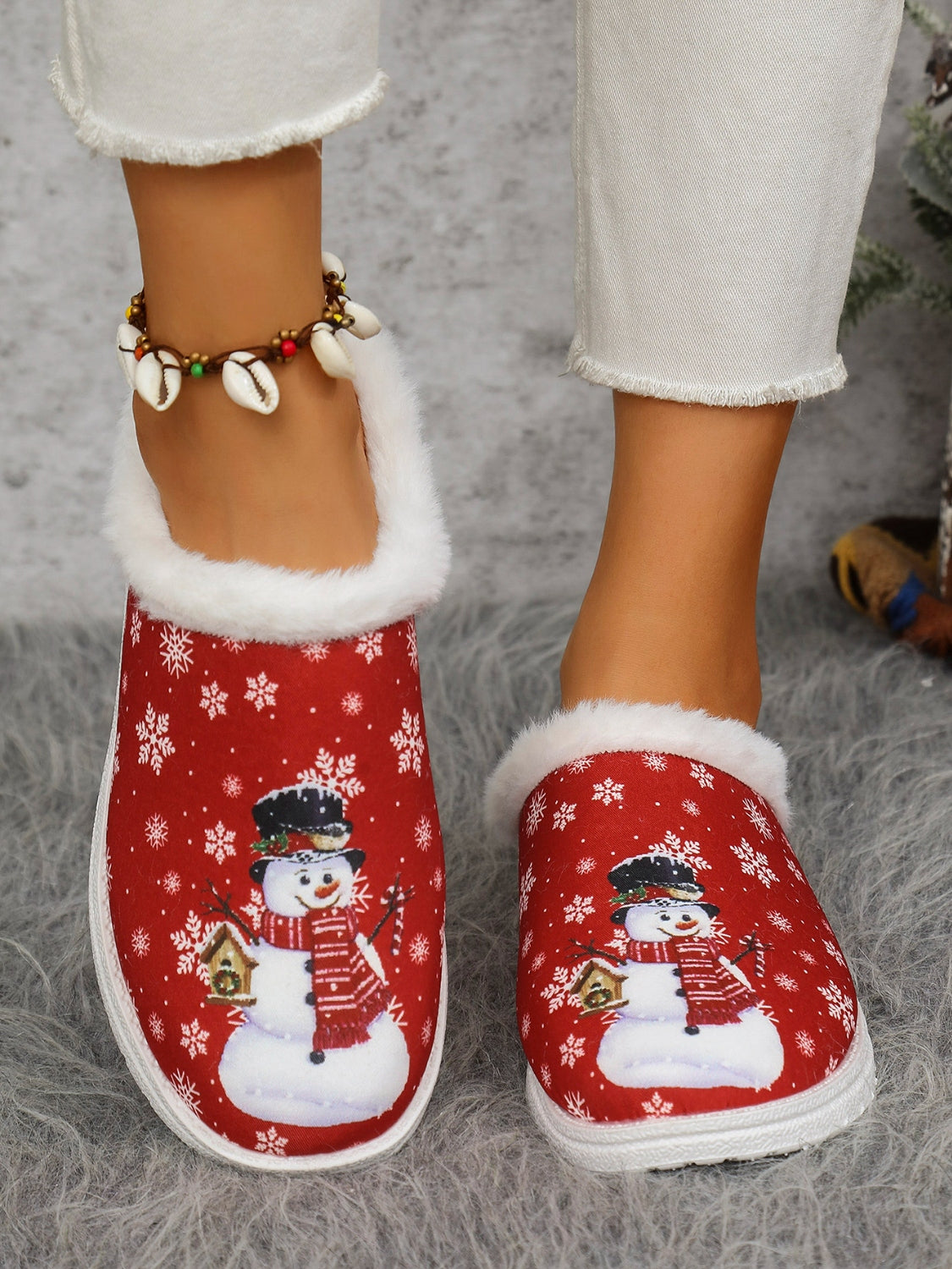 Snowman Print Flat Slippers with Faux Fur