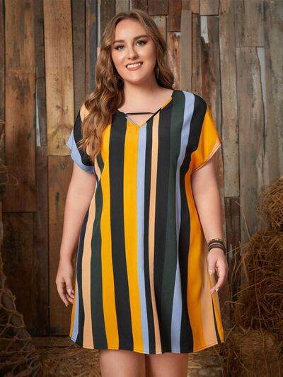 Plus Size Striped Short Sleeve Mini Dress - KADAUT