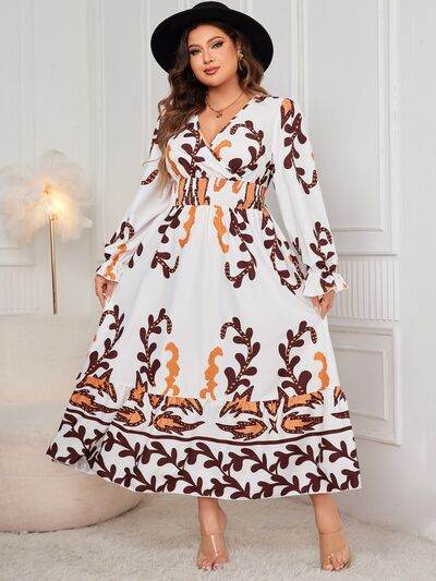 Honey Plus Size Printed Surplice Flounce Sleeve Dress - KADAUT