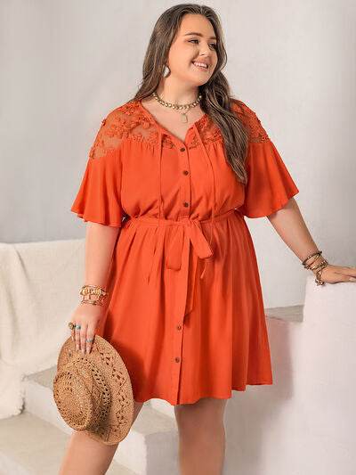 Plus Size Lace Button Up Half Sleeve Dress - KADAUT