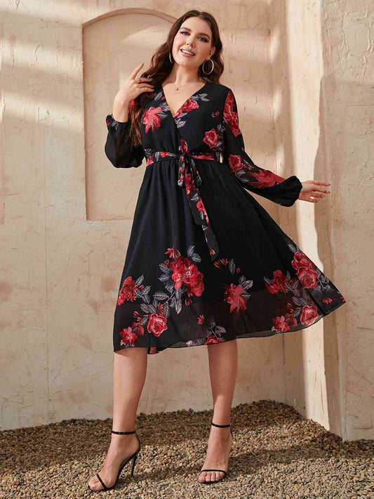 Honey Plus Size Floral Surplice Neck Tie Waist Dress - KADAUT