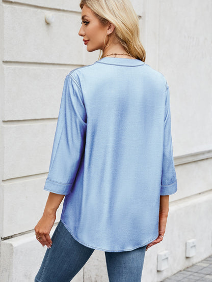 Notched Three-Quarter Sleeve Denim Top