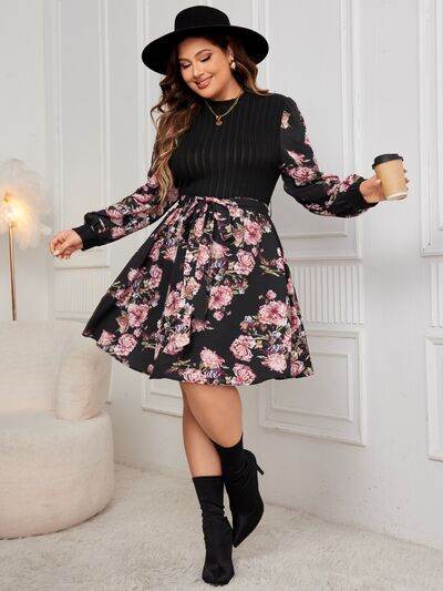 Honey Plus Size Tied Printed Long Sleeve Dress - KADAUT