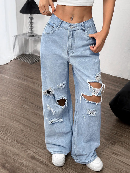 Distressed Wide Leg Jeans with Pockets