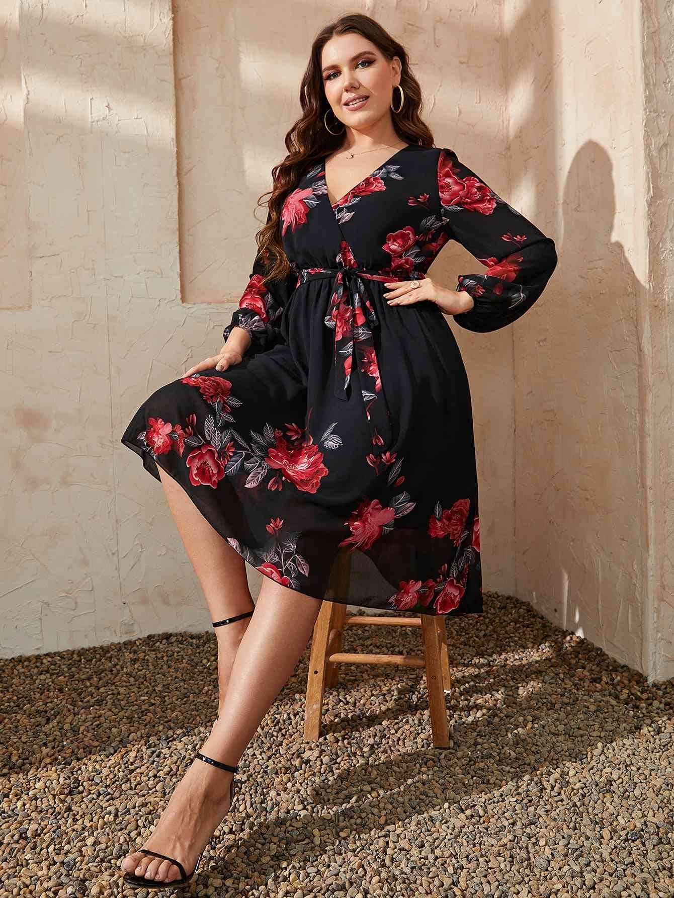 Honey Plus Size Floral Surplice Neck Tie Waist Dress - KADAUT