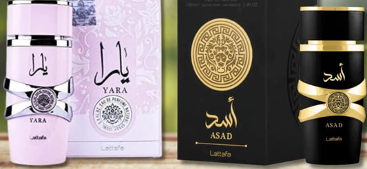Women perfume YARA and Men perfume ASAD by Lattafa, 3.4 fl Oz each (2 bottles)