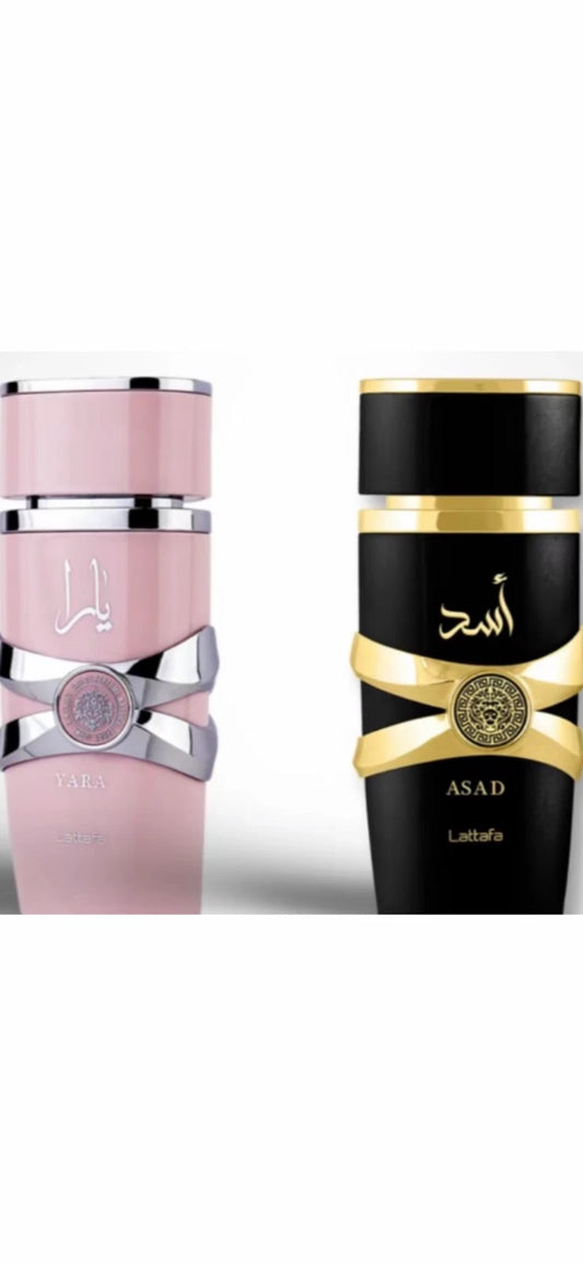 Women perfume YARA and Men perfume ASAD by Lattafa, 3.4 fl Oz each (2 bottles)